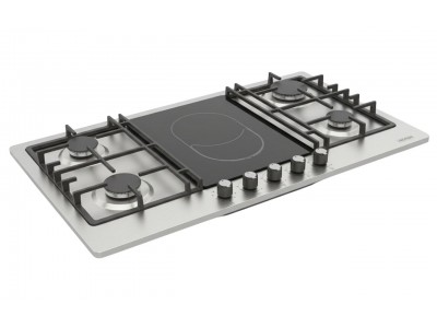 Plaque de Cuisson 90 cm 5 Feux Gaz + Électrique Inox & Verre Trempé Noir – PGE-90-2E4G-IN