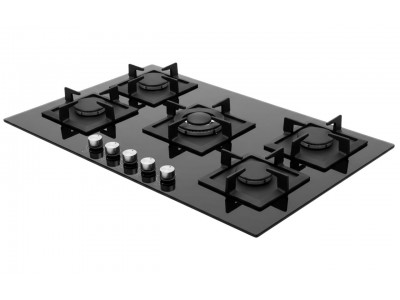 Plaque de Cuisson Gaz 90 cm 5 Feux Verre Trempé Noir avec Sécurité FFD – PGE-90-GL-BL