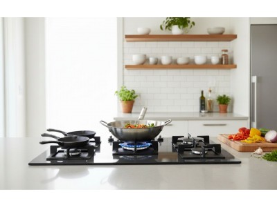 Plaque de Cuisson Gaz 90 cm 5 Feux Verre Trempé Noir avec Sécurité FFD – PGE-90-GL-BL