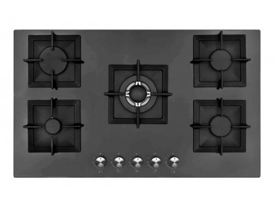 Plaque de Cuisson Gaz 90 cm 5 Feux Verre Trempé Noir avec Sécurité FFD – PGE-90-GL-BL