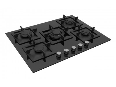 Plaque de Cuisson Gaz 70 cm 5 Feux Verre Trempé Noir avec Sécurité FFD – PGE-70-GL-BL