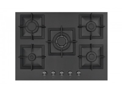 Plaque de Cuisson Gaz 70 cm 5 Feux Verre Trempé Noir avec Sécurité FFD – PGE-70-GL-BL