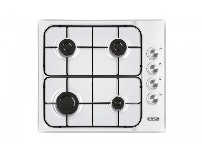 Plaque de Cuisson Gaz 60 cm 4 Feux Blanc Émaillé Grilles Type Fonte – PG-600