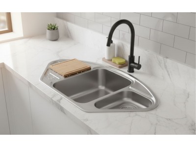 Évier de Coin 1 Bac et Demi Inox 304 Satiné avec Égouttoir 945 mm – EKE-945-LT
